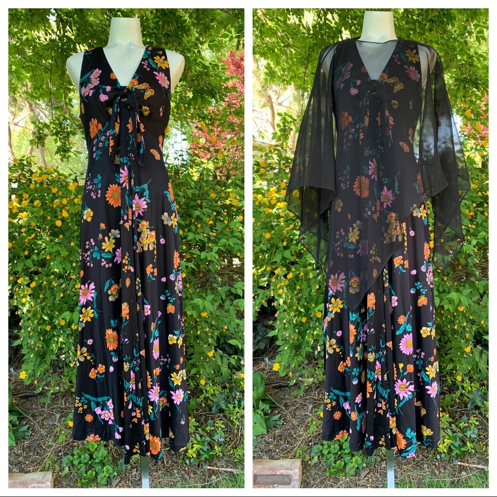 Vintage 70’s Floral Maxi Dress w/ Sheer Cape Black